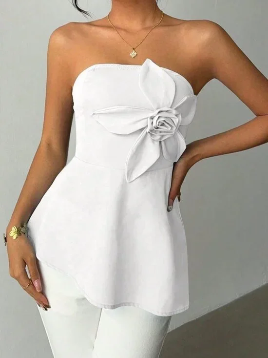 White Casual Women's Elegant 3d Floral Asymmetrical Hem Tube Top - Picture 3 of 7